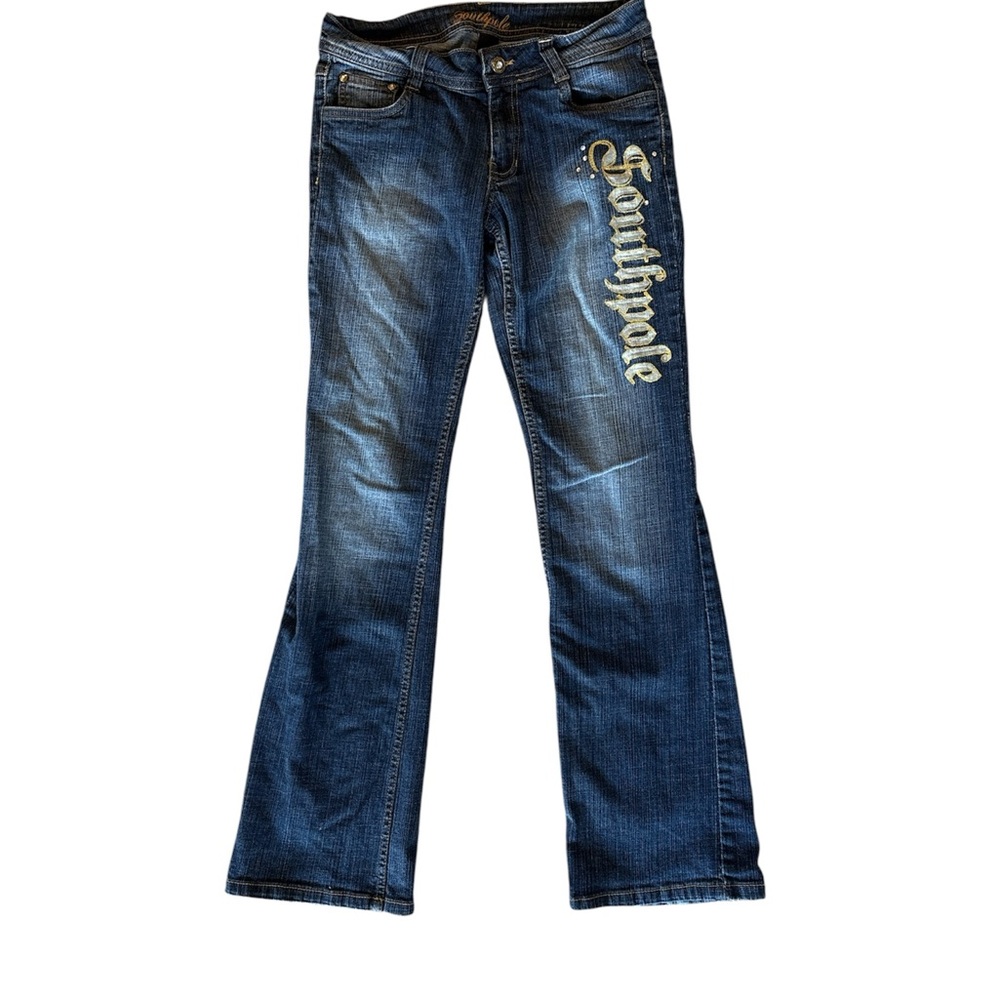 Vtg South Pole Women's Flare Jeans in Blue with Gold Embroidered Accents Size 7